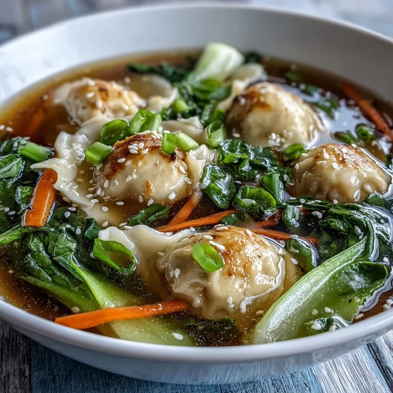 Duftende asiatische Dumpling-Suppe mit Bok Choy und Ingwer, serviert mit frischen Kräutern und einem Hauch Chiliöl.