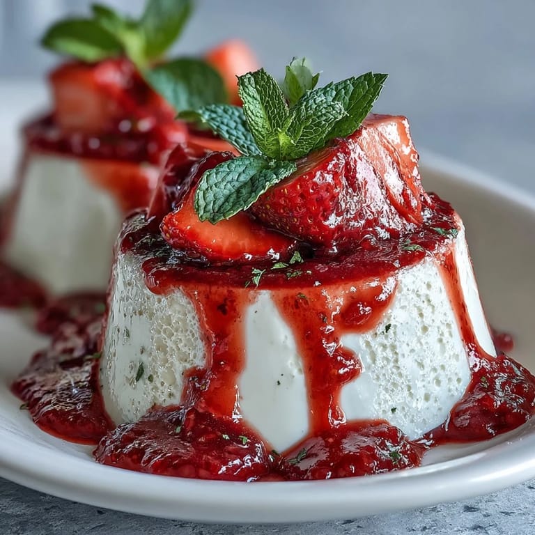 Glasierte Panna Cotta mit frischen Erdbeeren und Minze – ein verführerisches italienisches Dessert für Zwei.