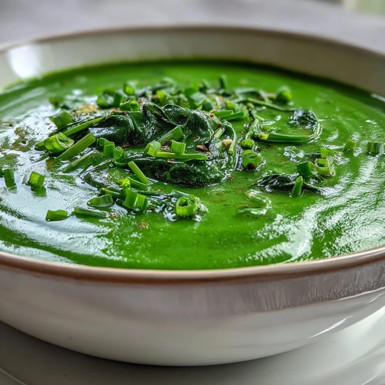 Eine cremige Spinat- und weißer Bohnen-Suppe mit Brokkoli, Zucchini und Lauch, garniert mit frischem Schnittlauch.