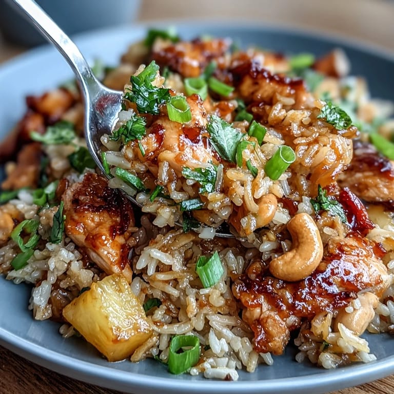 Hähnchen-Ananas-Fried-Rice mit leuchtendem Gemüse, knusprigen Erdnüssen und frischem Koriander – ein aromatisches, asiatisch inspiriertes Hauptgericht.