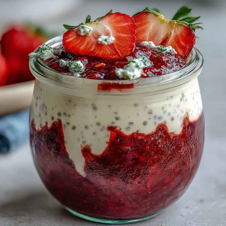 2. Bunte Chia-Pudding-Gläser mit frischen Erdbeeren, grünem Matcha und knusprigem Granola – perfekt für ein gesundes Frühstück.