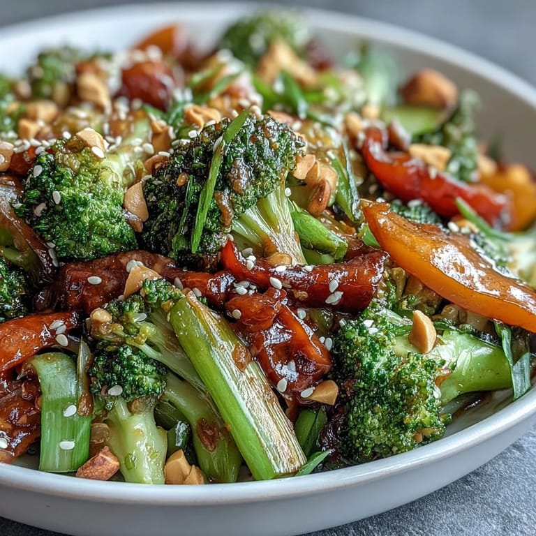 Farbenfrohe, asiatisch inspirierte Gemüsepfanne mit knackigem Gemüse und aromatischer Erdnusssoße zum Servieren.  