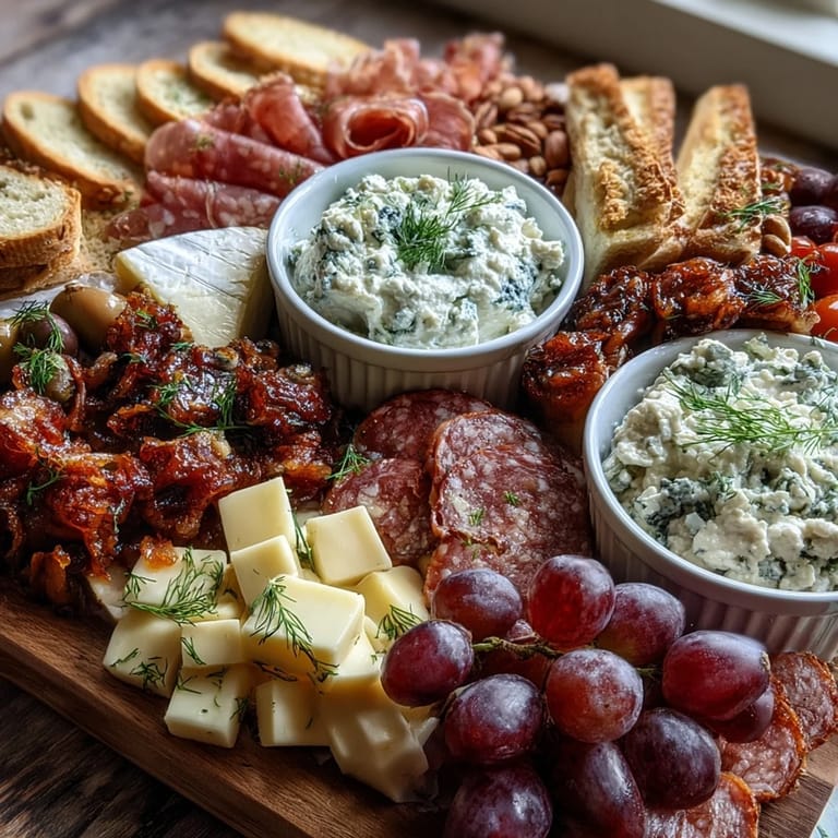 Köstliche Auswahl an Wurst, Käse, Brot und knackigem Gemüse mit zwei selbstgemachten Dips.  