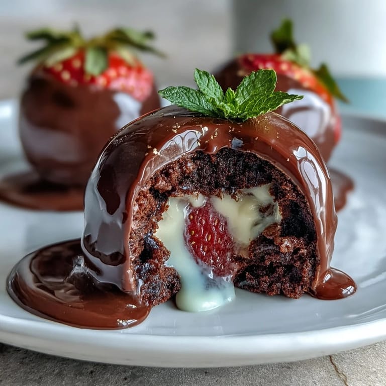 Dubai Chocolate Strawberry Bombs mit goldener Dekoration: Schokoladenschalen umhüllen Erdbeeren, gefüllt mit Mascarpone-Sahne-Creme.