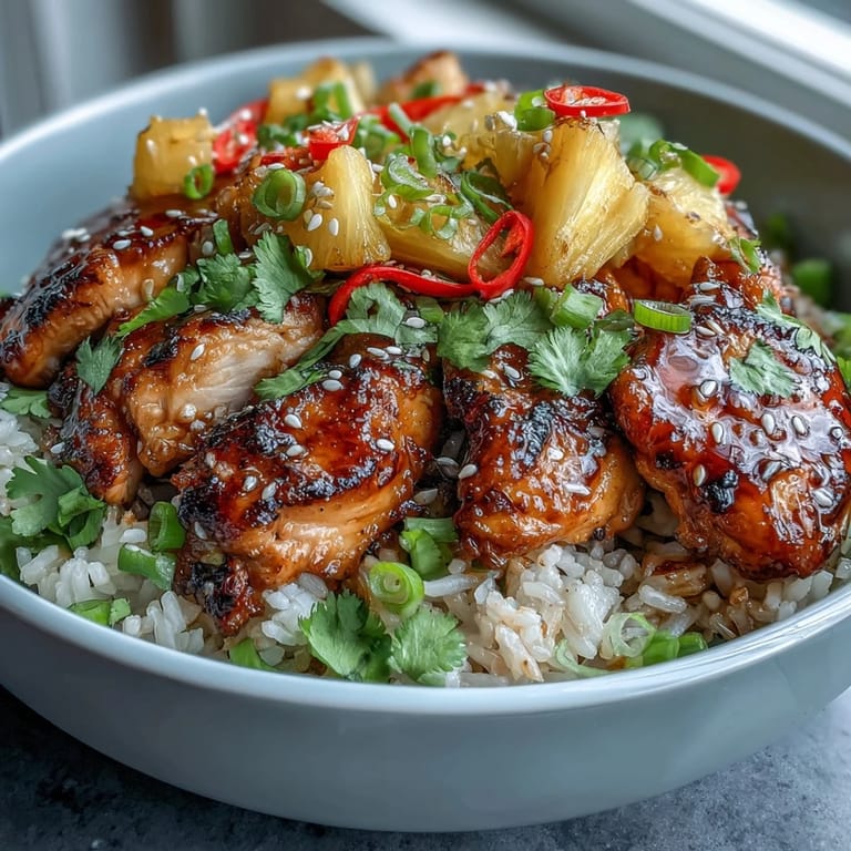 3. Tropisch inspirierte Ananas-Teriyaki-Hähnchen-Reisschale mit süß-salziger Sauce, frischer Ananas und frischem Koriander bestreut.