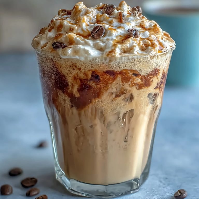 Verlockender Vanille-Bohnen-Frappuccino mit hausgemachter Kokos-Sahne, ein veganes Getränk voller Genuss und Frische.