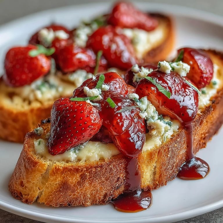 3. Knusprige Bruschetta-Scheiben mit Erdbeer-Basilikum-Salat und cremigem Käse – perfekt für leichte Vorspeisen.