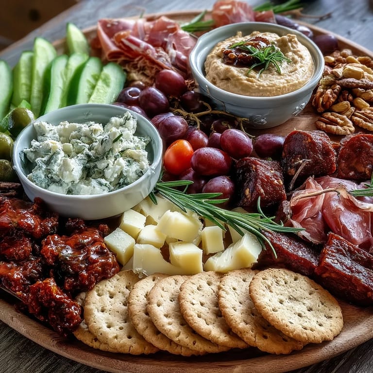 1. Eine festliche Hauswarming-Party-Charcuterie-Platte mit verschiedenen Käsesorten, Wurstwaren, frischem Gemüse und knusprigen Crackern – perfekt für neue Heimfeiern.