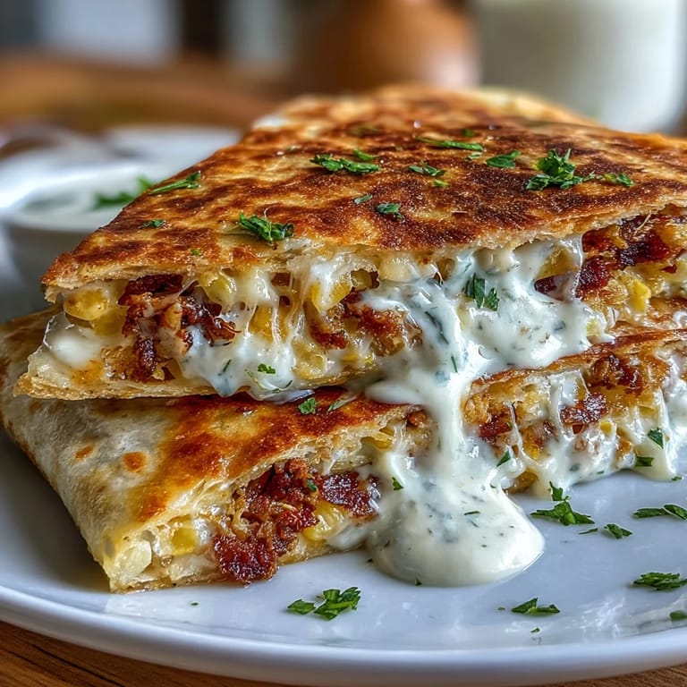 A close-up shot of Mexican street corn quesadillas served on a platter with dipping sauce.