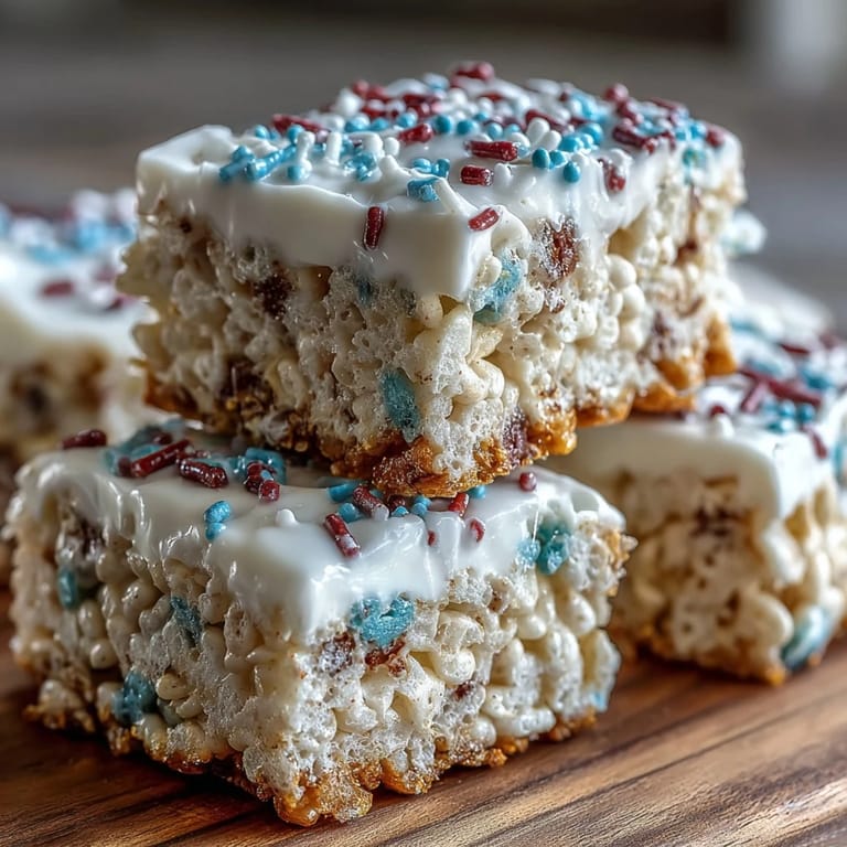 Farbenfrohe, geschichtete Rice Krispies Treats mit roter, weißer und blauer Dekoration.