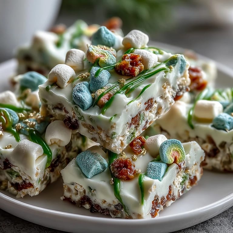 Bunter Teller mit Lucky Charms Bark, grünem Obst und Schokoladenmünzen für St. Patrick's Day.