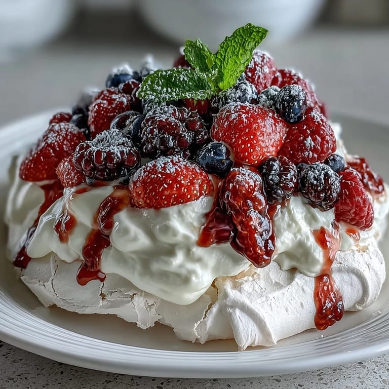 2. Zarter Meringue-Boden mit goldener Kruste, großzügig belegt mit geschlagener Sahne und einem Mix aus frischen Beeren.