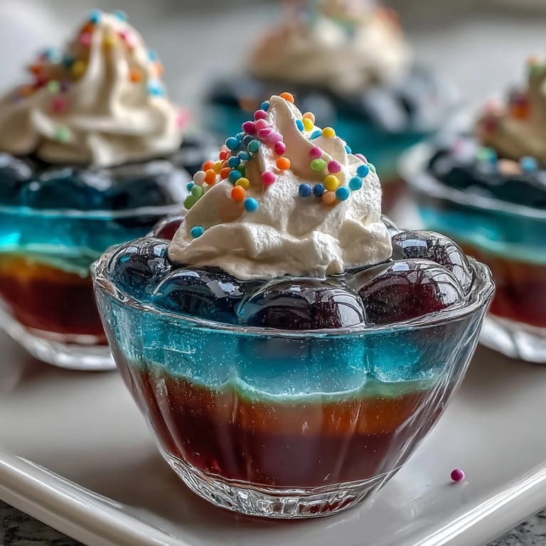 Fruchtige Gelatine-Schichten in Regenbogenfarben in transparenten Tassen.