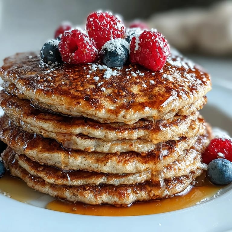 Flauschige High Fiber Protein Pancakes mit Leinsamen, ein herzhaftes Frühstückgericht mit Beeren.