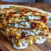 Cinco de Mayo Street Corn Quesadillas mit Chipotle-Crema – goldbraune, knusprige Tortillas gefüllt mit geröstetem Mais, schmelzendem Käse und rauchiger Chipotle-Sauce.