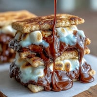 Gooey smores dip mit geschmolzener Schokolade und gerösteten Marshmallows in einer gusseisernen Pfanne, perfekt für den 4. Juli.
