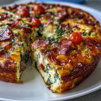 Goldene, herzhafte One-Pan Ham and Swiss Frittata mit geschmolzenem Käse und frischem Gemüse.