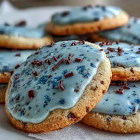 Zarte blaue Zuckerkekse mit Schokoladenflocken, inspiriert von Vogel-Eiern, perfekt für den Frühling.