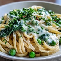 Helle Pasta mit Zitronencremesauce und Erbsen auf einem Teller, garniert mit Parmesan und Zitronenschale.