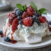 1. Eine luftige Pavlova mit knuspriger Außenseite, weichem Marshmallow-Inneren und frischen Beeren sowie Sahne.